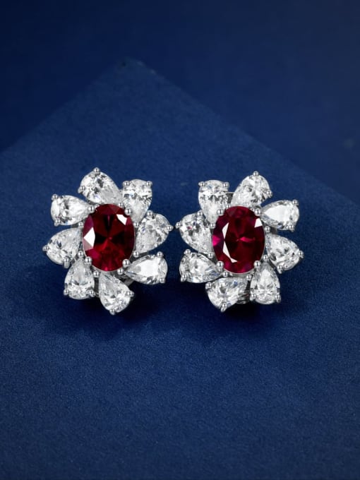 Red corundum [e 2474] 925 Sterling Silver High Carbon Diamond Blue Flower Dainty Stud Earring